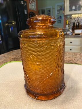 Indiana Glass Amber-Orange Floral Embossed Glass Canister with Lid